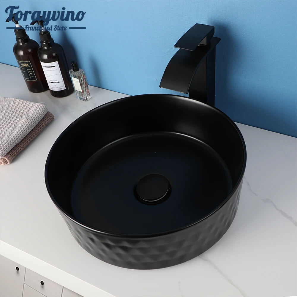 Torayvino Bathroom Basin Sink Faucet Combo Ceramic Lavatory Above Counter Art Basin Vanity Sink Matter Black Faucet Mixer