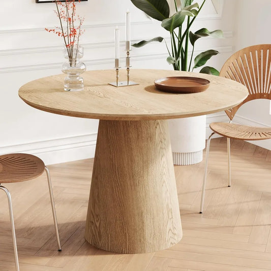 43" Mid-Century Modern Farmhouse Round Dining Table for 4-5 - Wooden Pedestal Base with MDF Table Top, Compact Kitchen