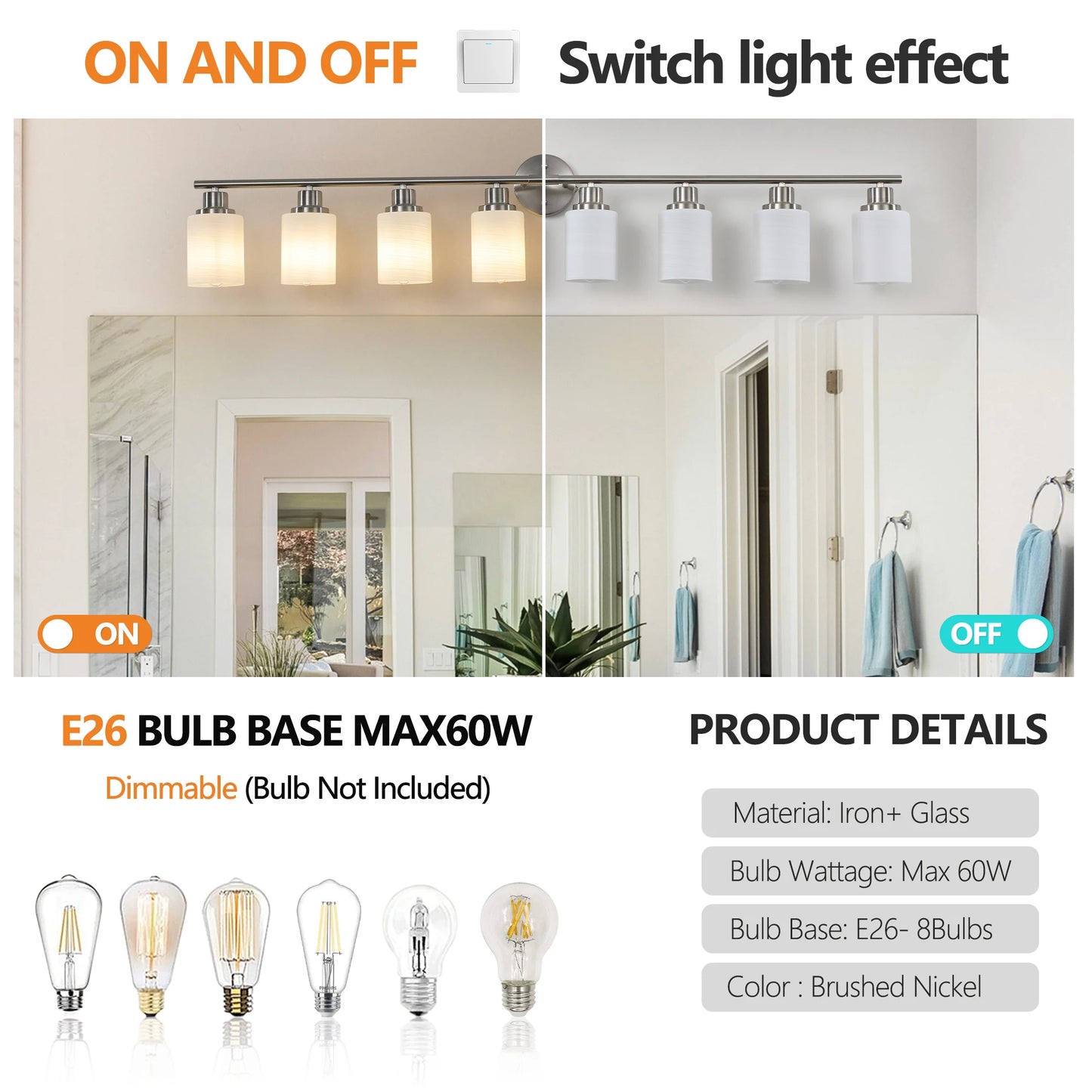 52" Modern 8-Light Vanity Bathroom Mirror Light, Frosted White Glass with Iron Frame, Contemporary Wall Sconce
