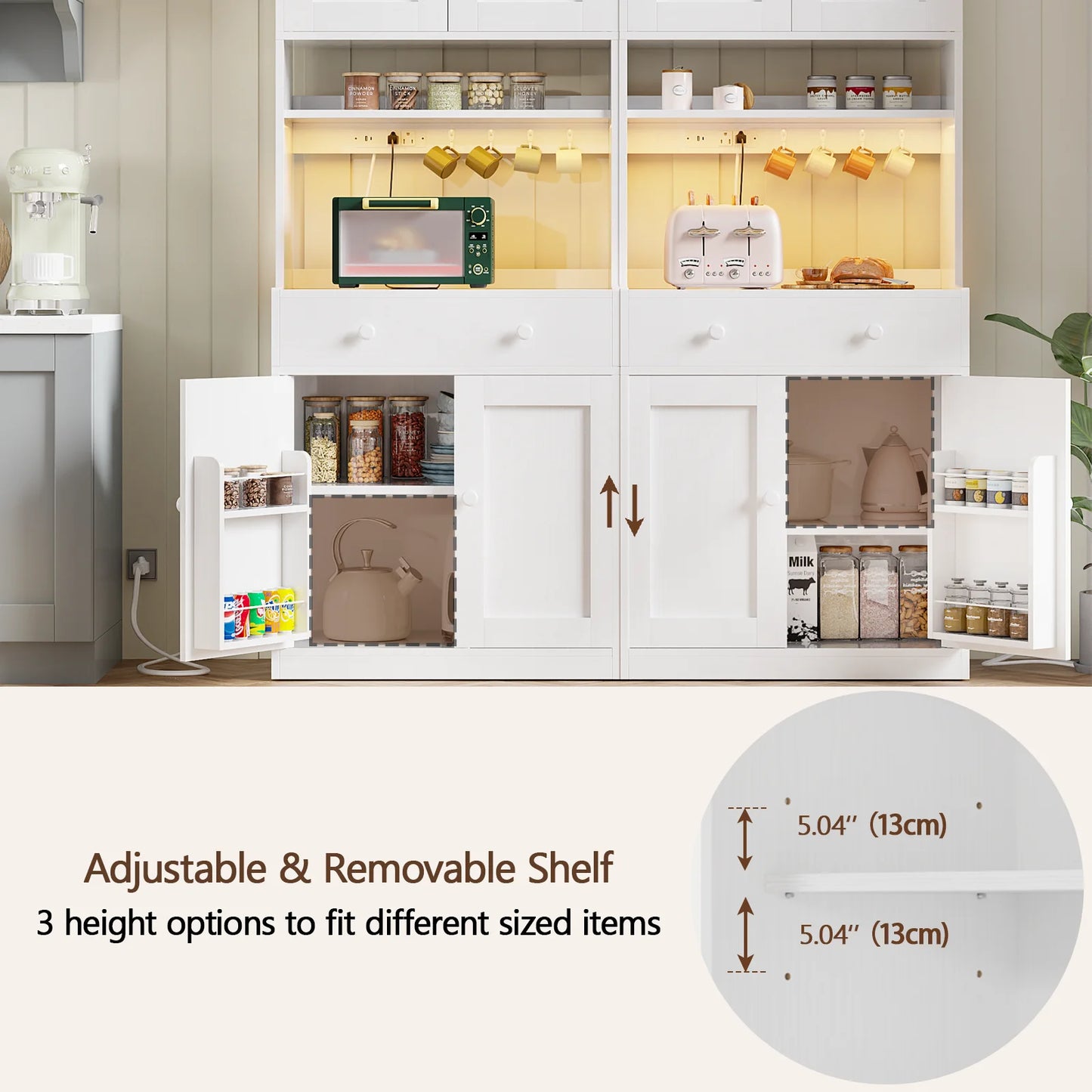 Satifur Tall 71 inch Kitchen Pantry Storage Cabinet with Doors, Drawer, Farmhouse Pantry Cabinet with Power Outlet & LED Light