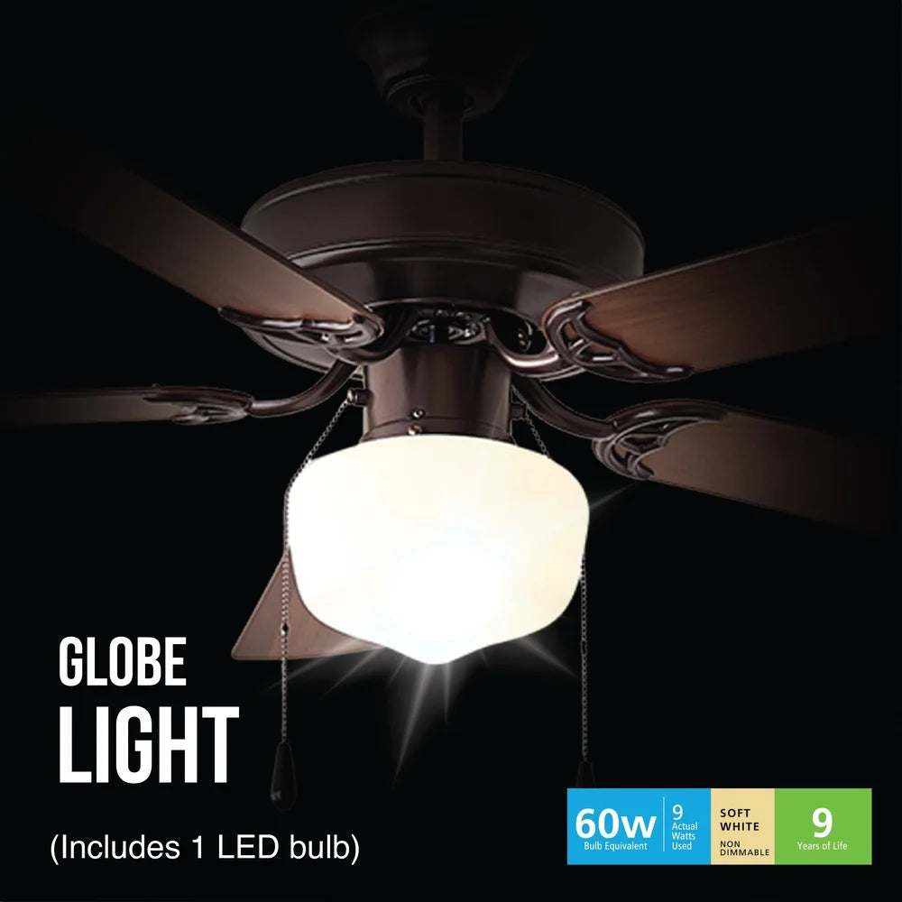 52 Inch Ceiling Fan with Light Kit 5 Reversible Blades Quiet Motor Indoor Use Multi Mount Options Bedrooms Living Rooms