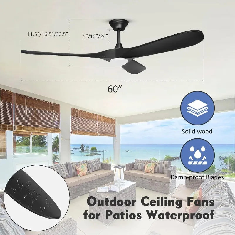 60 Inch Black Ceiling Fan with Light and Remote,Outdoor Ceiling Fan for Patios with Light,Quiet Reversible DC Motor