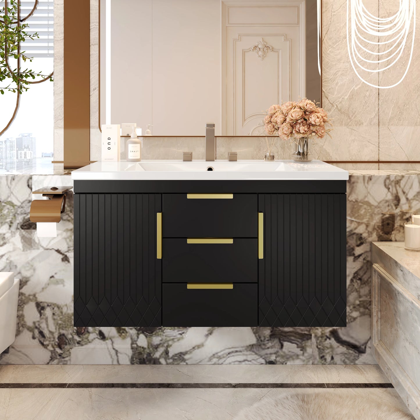 SH.KL 36'' Wall Mounted Bathroom Vanity, Bathroom Floating Vanity with Sink Combo, Storage Cabinet with 2 Drawers, Metal Handles
