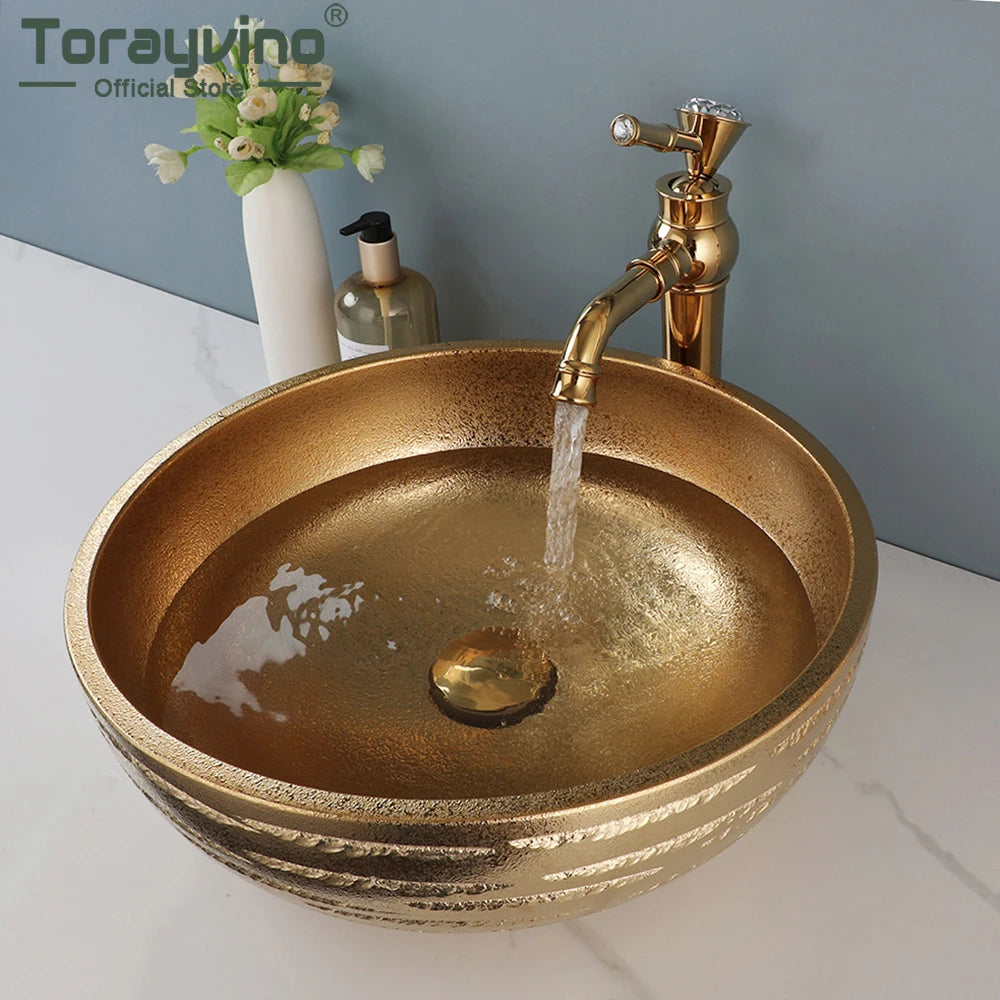 Torayvino Gold Round Bathroom Ceramic Lavatory Set Bath Mixer Washbasin Vessel Sink 360 Swivel Faucets W/ Pop-up Drain Combo Kit