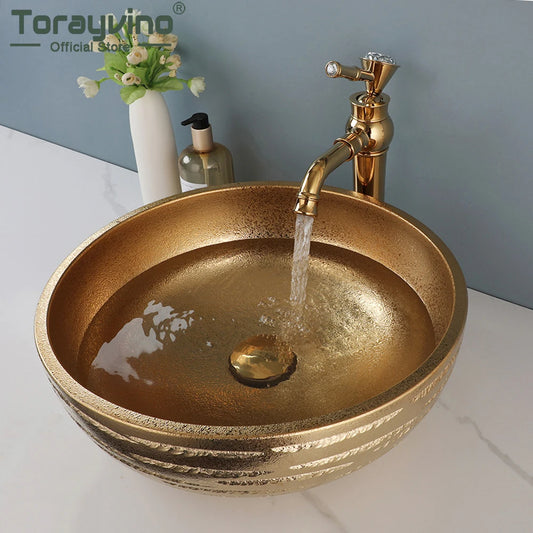 Torayvino Gold Round Bathroom Ceramic Lavatory Set Bath Mixer Washbasin Vessel Sink 360 Swivel Faucets W/ Pop-up Drain Combo Kit