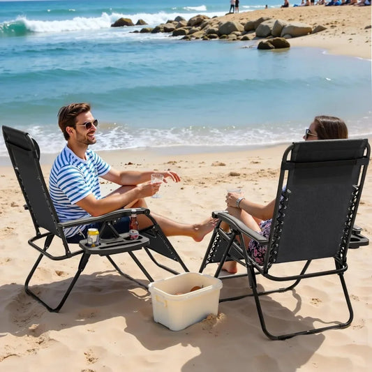 Zero Gravity Chairs Set of 2 Adjustable Steel Mesh Recliners Beach Deck Lawn Camping Patio Foldable Lounge Chair with Cup Holder