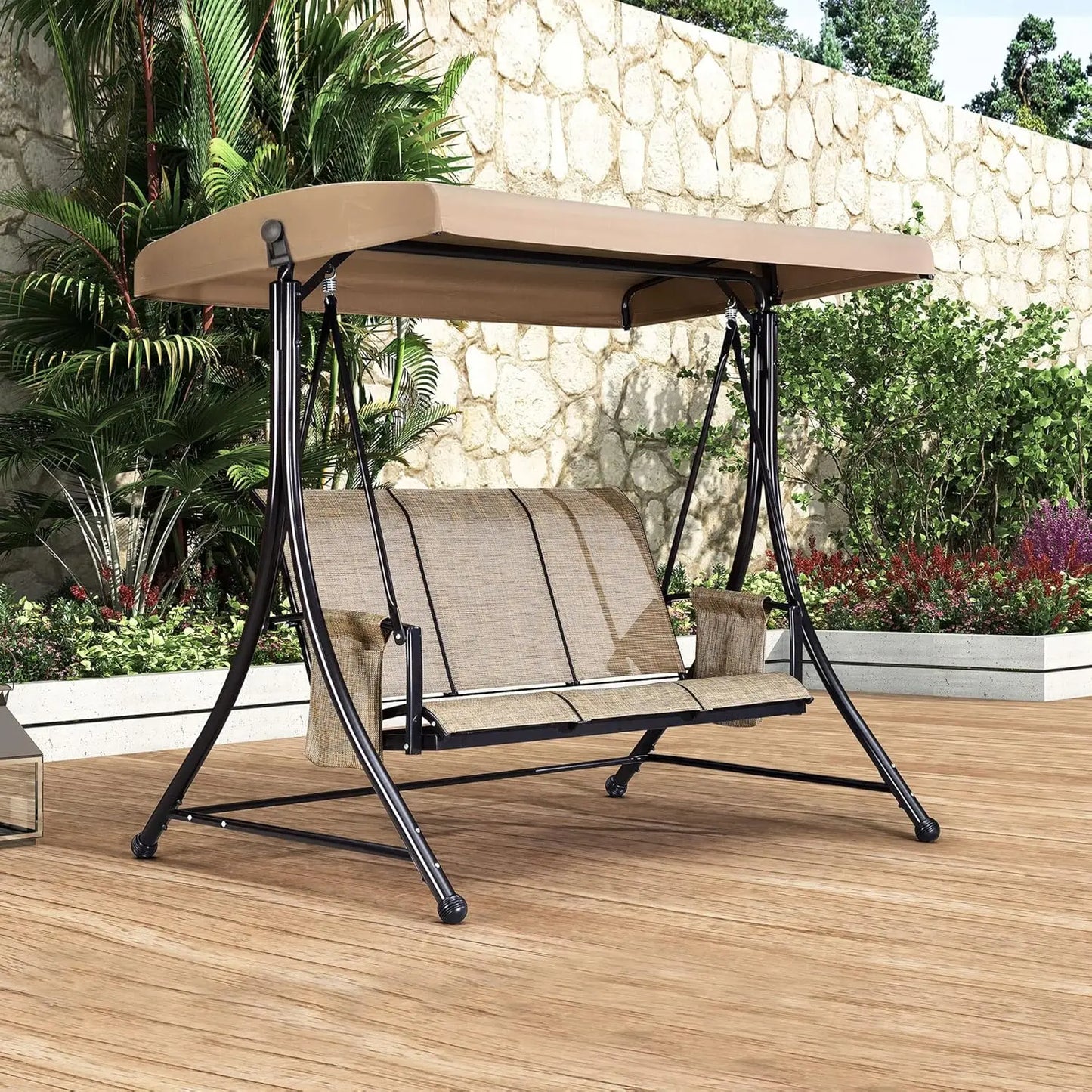 3-Seat Deluxe Outdoor Patio Porch Swing with Weather Resistant Steel Frame, Adjustable Tilt Canopy, Beige