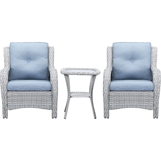 Patio Bistro Set Wicker Chairs - 3 Piece Outdoor Rattan Conversation Set with 2 Armrest Chair and 1 Side Table for Proch Deck