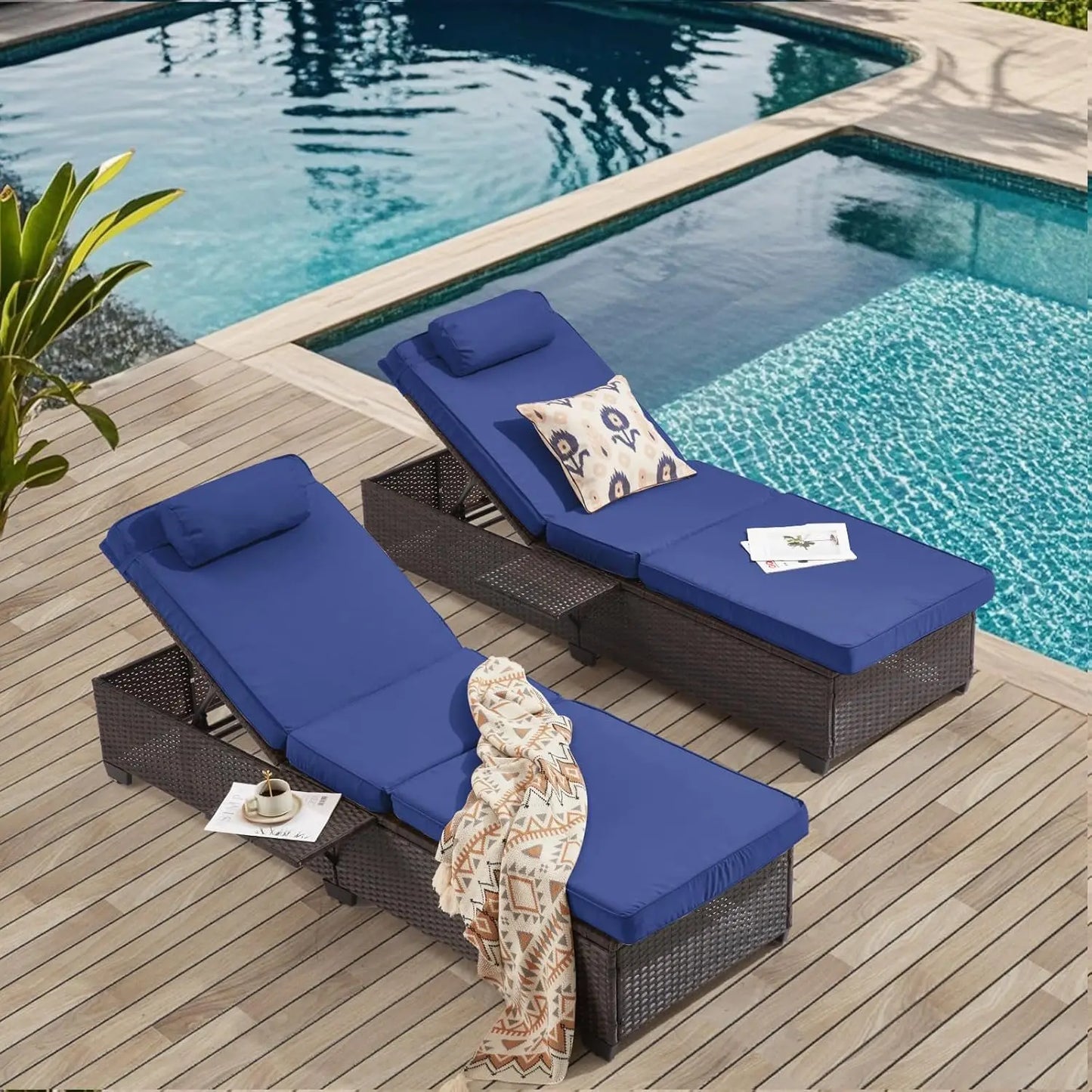Outdoor Lounge Chairs, Pool Lounge Chairs Set of 2, Outdoor Chaise Lounge with Adjustable Backrest & Cup Holder,Khaki