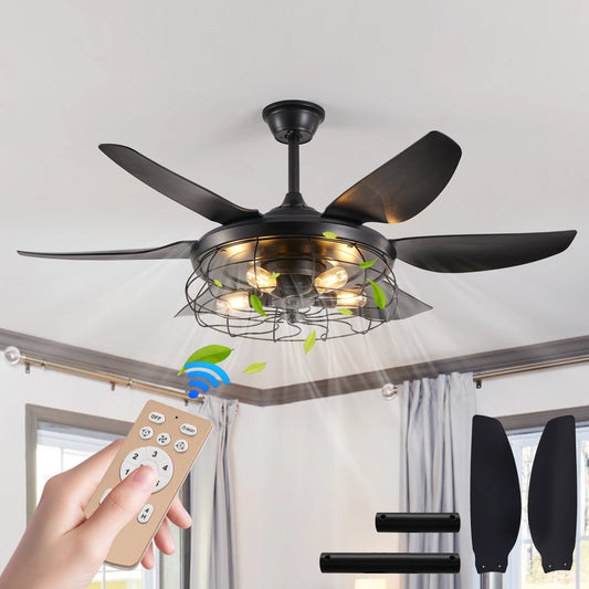 ARLGSITE 52" Modern Cage Design Black Ceiling Fan Light Remote Control 6 Fan Blades Adjustable Speed for Living Room Bedroom