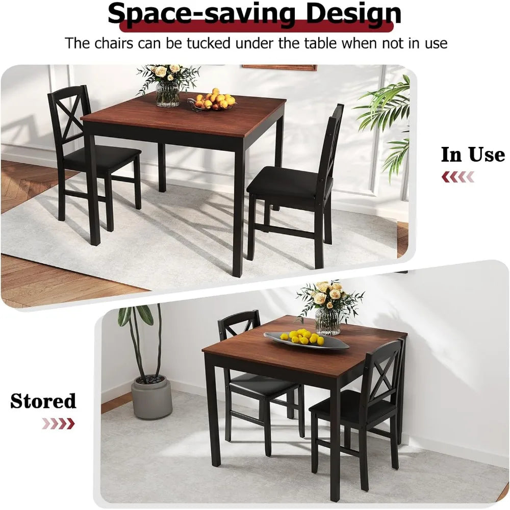 Mid-Century Modern Dining Table Set for 2, Wooden Kitchen Table & 2 Chairs with Padded Seats, 3-Piece Compact Dining Set for Sm