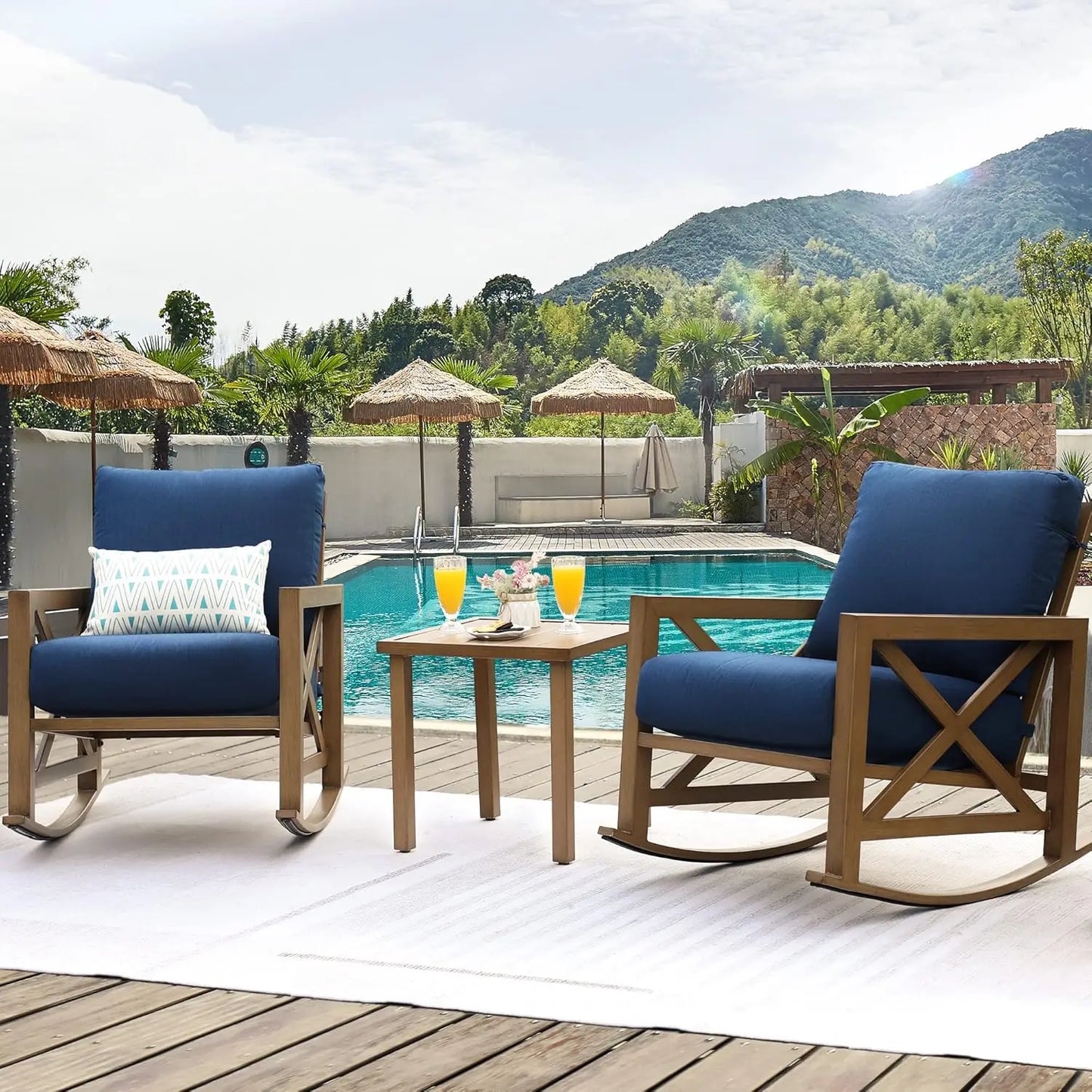 Rocking Bistro Set, 3 Piece Outdoor Patio Conversation Furniture Set with 2 Rockers and 1 Metal Coffee Table with Thick Cushions