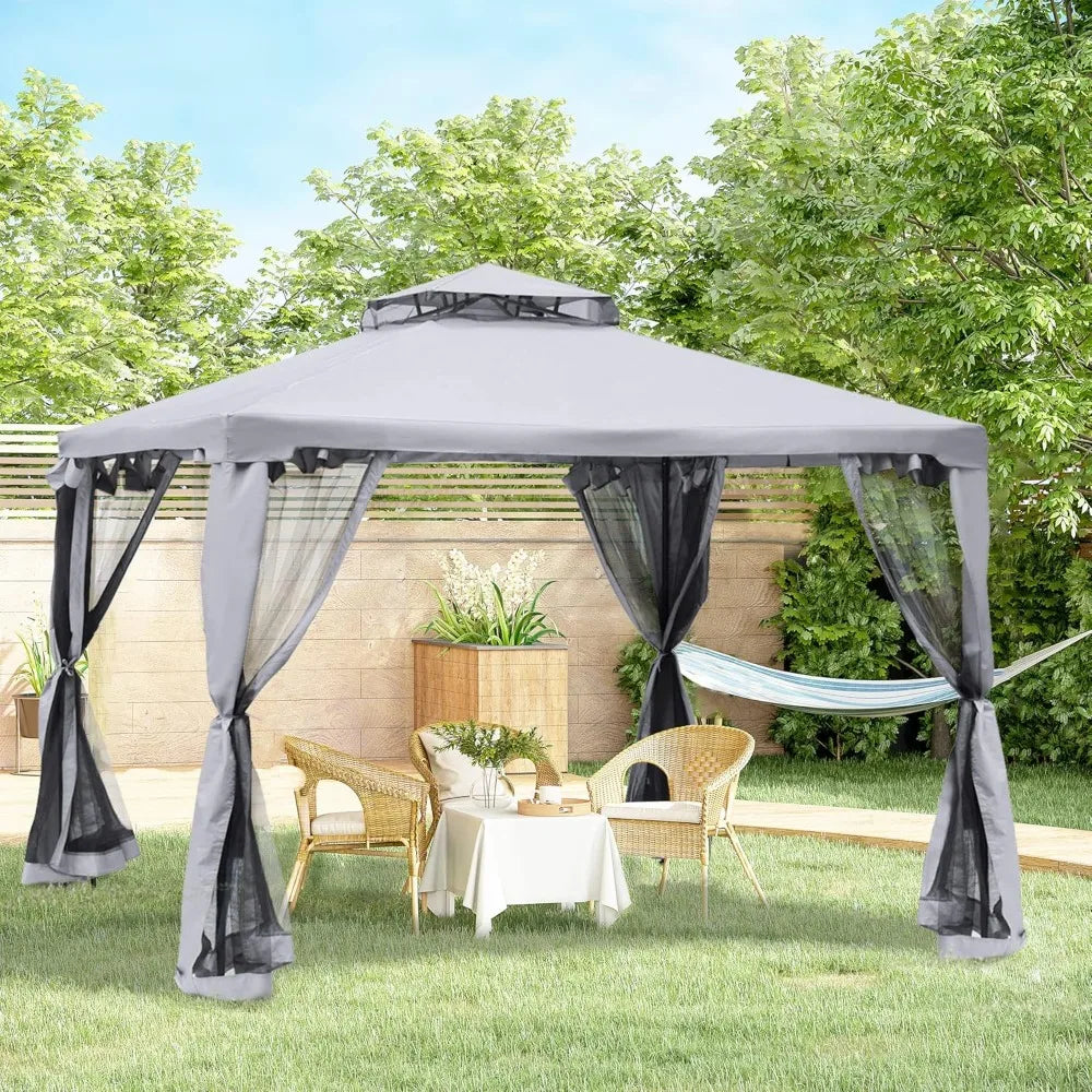 10' x 10' Patio Gazebo, Outdoor Canopy Shelter with 2-Tier Roof and Netting, Steel Frame, Rainproof and UV resistant Pergola