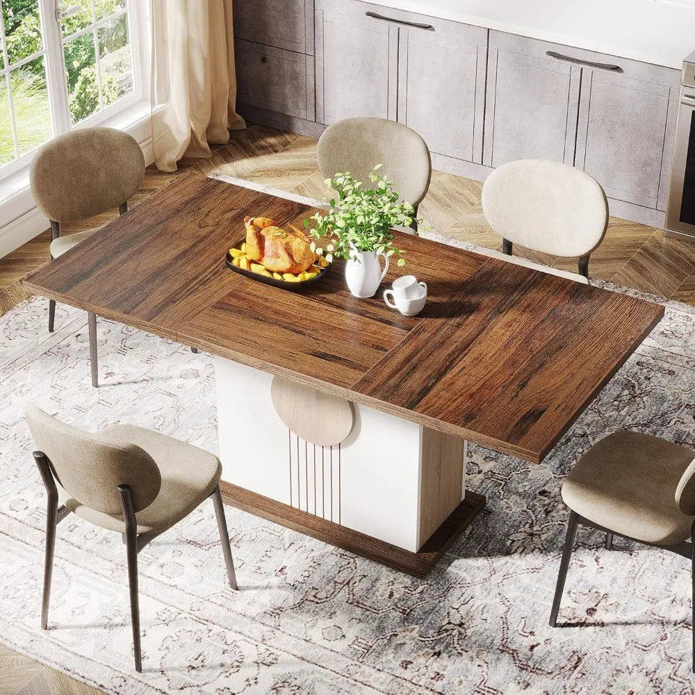 55" Rectangular Dining Table for 4 to 6 People, Farmhouse Wood Dinner Table for Kitchen, Dining Room & Living Room, Oak Brown &