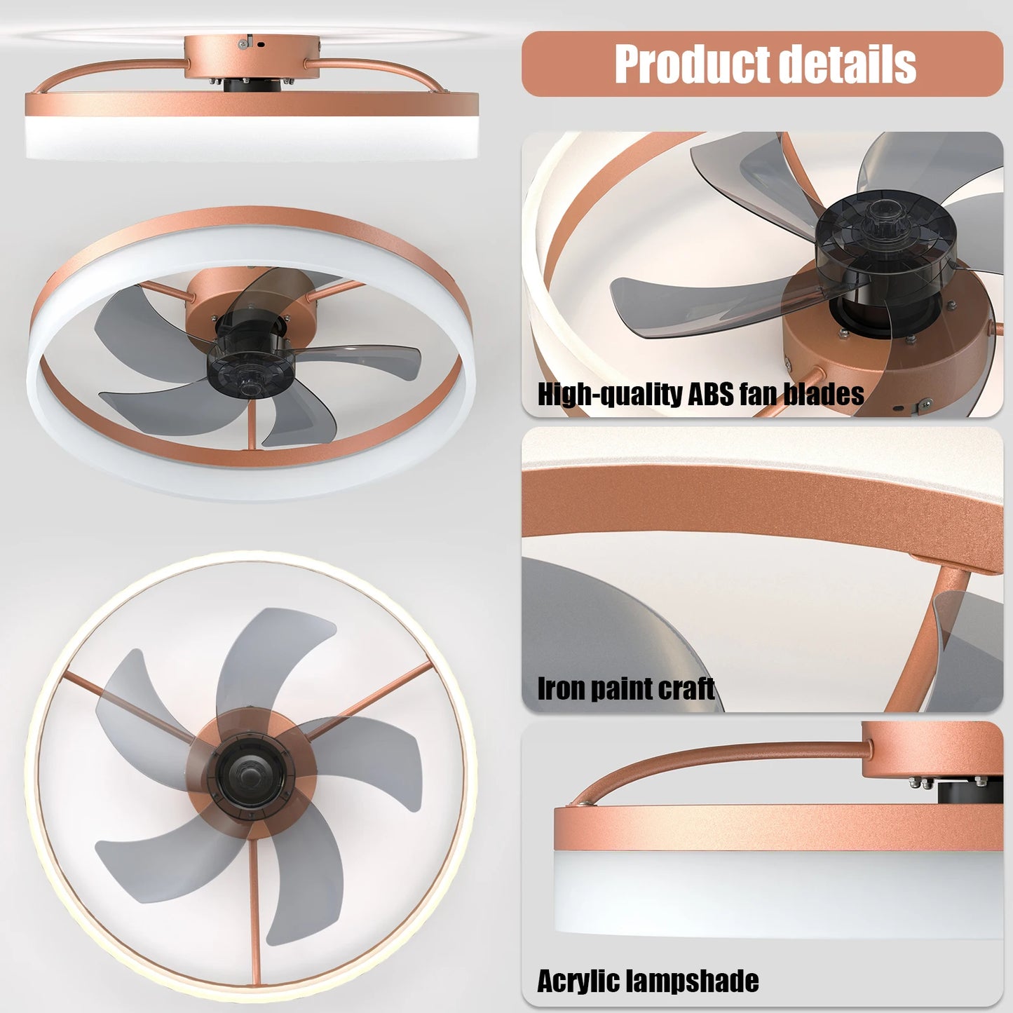 Modern Ceiling Fan with LED Light, Low-Profile Flush Mount,6-Speed Adjustable, Ideal for Bedroom and Living Room （Rose Gold）