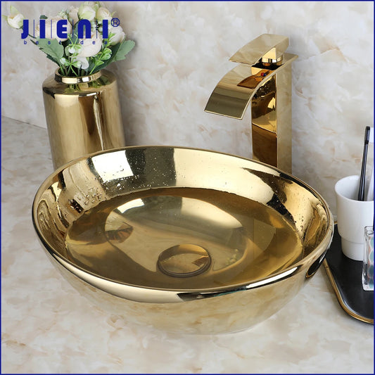 JIENI Gold Ceramic Vessel Sink Set Modern Bowl Washbasin Golden Faucet & Pop Up Drain Combo Basin Tap kit For Luxury Bathrooms