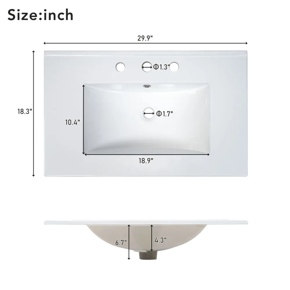 [Sink Only] 36x18" Rectangular 3 Hole Bathroom Resin Sink, Vanity Top ，Sink Only, Fits 4" Center Faucet,24x18 Inch,30x18"