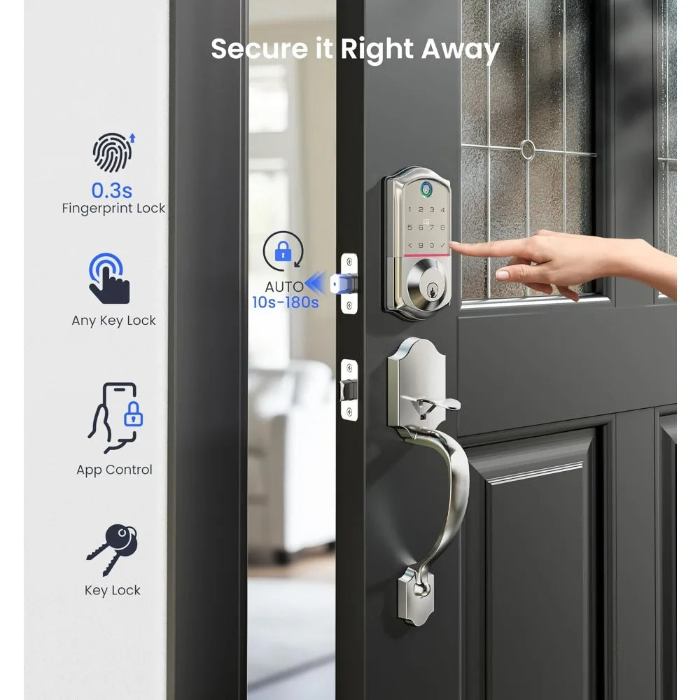 VE017-H Fingerprint Smart Front Door Lock Set, App Control, Keyless Entry Deadbolt with Handle, Smart Deadbolt, Emergency Power