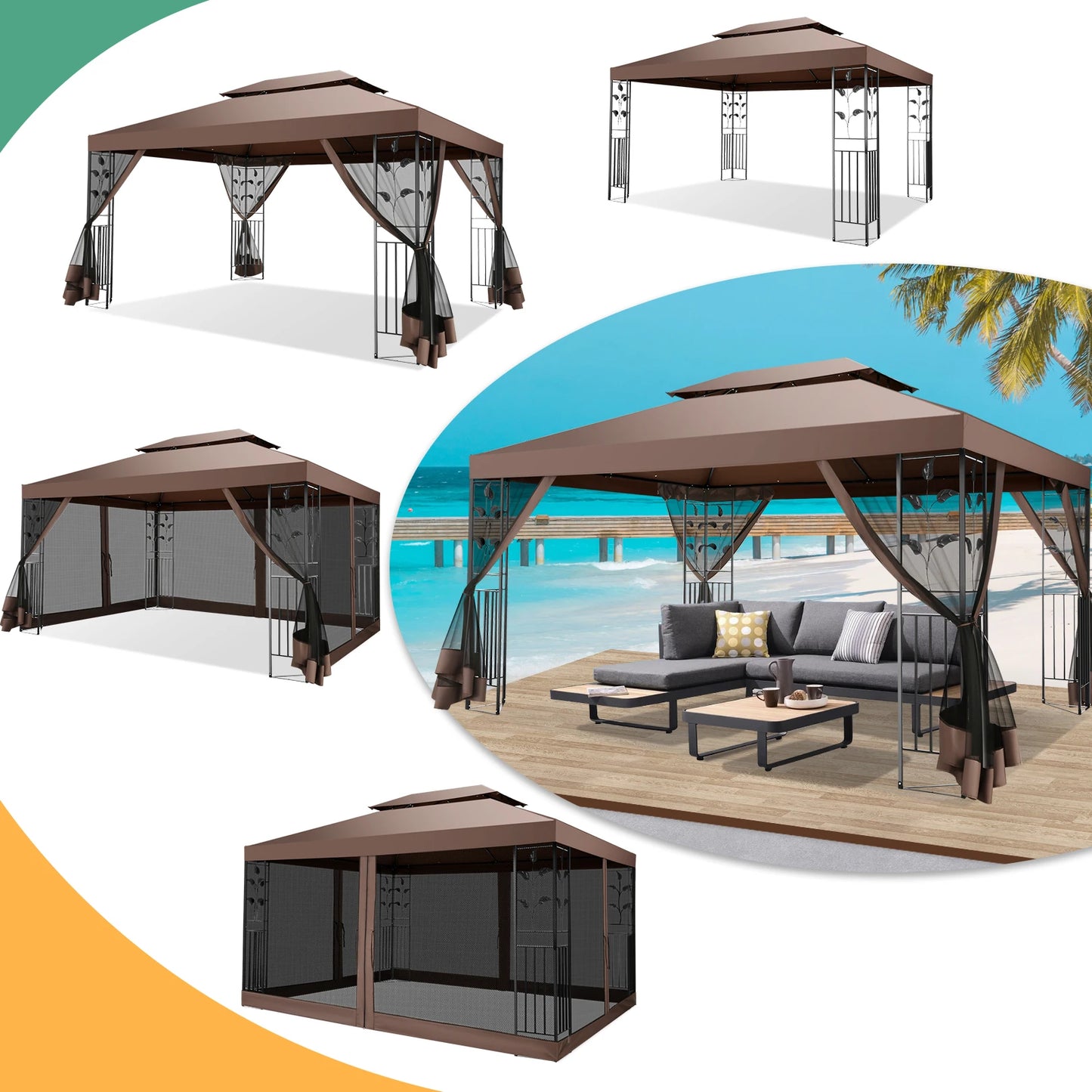 10x13 Outdoor Gazebo on Clearance with Mosquito Netting and Ventilated Double Flat Roof,All Weather for Patio,Backyard,Garden