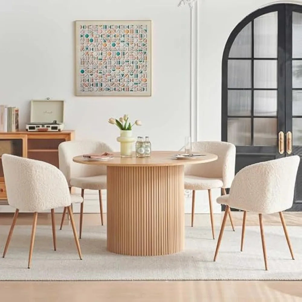 5-Piece Wooden Round Dining Room Table and Chair Set, 47-Inch Kitchen Table with Barrel Chairs for 4, Off White Uphols