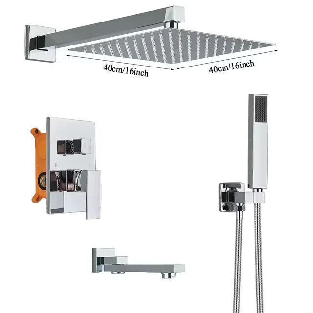 Chrome Rainfall Shower Faucet Set Bathroom Stainless Steel Wall Mounted Concealed 16 Inch Shower System Hot Cold Water Mixer Tap