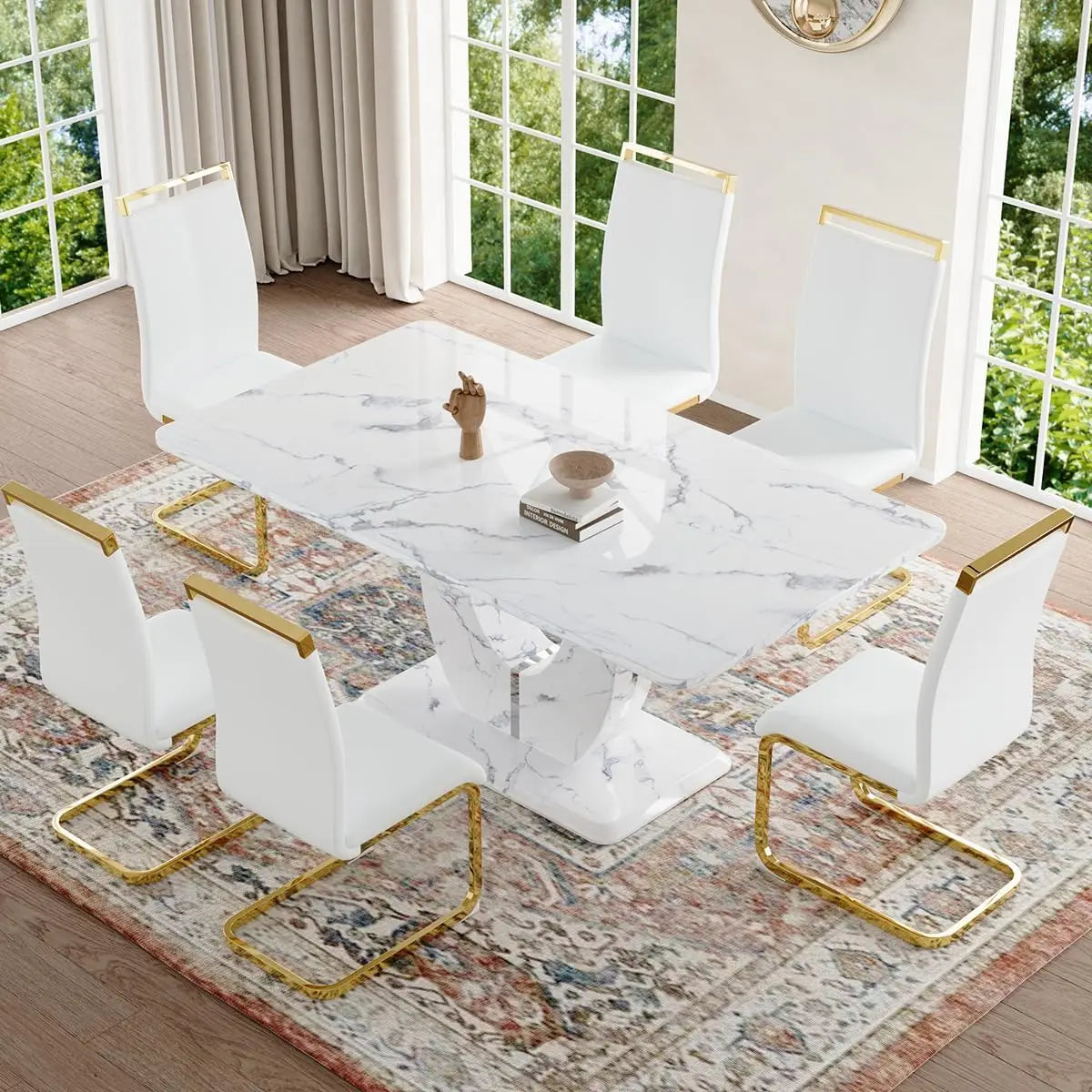 Dining Table Set 6,White Faux Marble Dining Room Table Set 6，63" Rectangle Kitchen Table Chairs Set of 6 Dining Kitchen Room