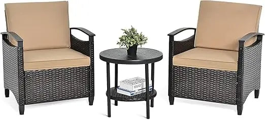 3 Piece Rattan Sofa Set, Patio Conversation Bistro Set w/Coffee Table, Seat and Back Cushions