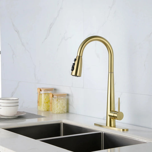 Kitchen Sink Faucet with Pull Out Sprayer,Fingerprint Resistant, Single Hole Deck Mount,Gold Kitchen