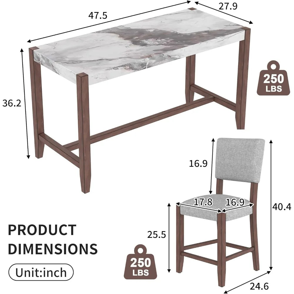 5-Piece Counter Height Dining Set with 1 Faux Marble Top Bar Table and 4 Upholstered Chairs, Mid-Century Modern Kitchen Table S