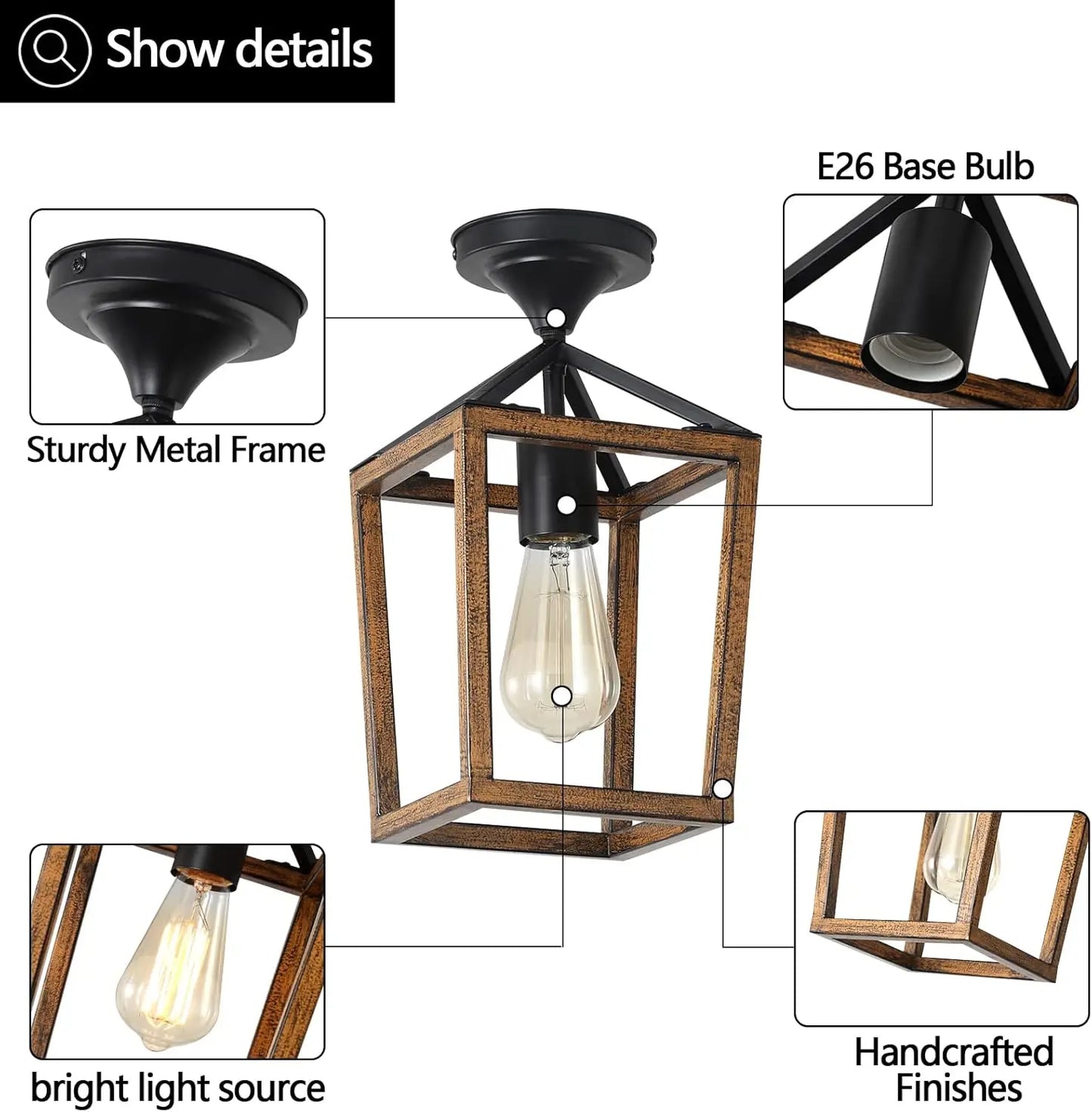 Farmhouse Semi-Flush Ceiling Light - Wood Grain Metal Industrial Fixture for Dining Room, Hallway & Entryway (2-Pack)