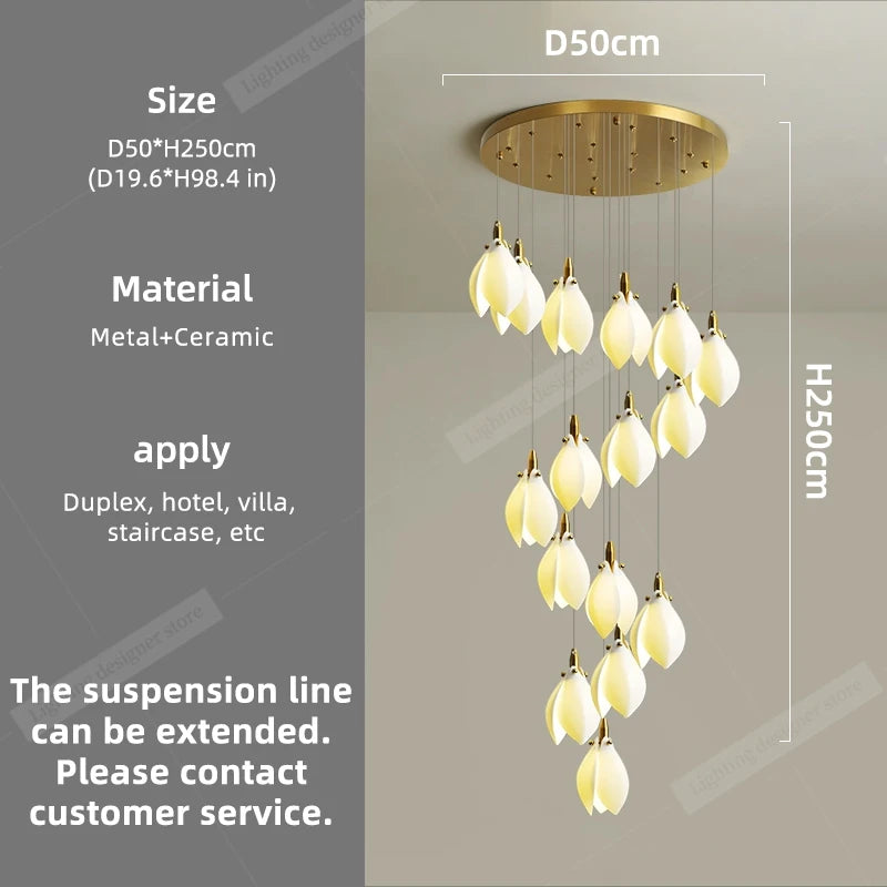 Modern Luxury Chandelier Staircase Duplex Loft Chandelier Lighting Villa Stair Pendant Light Minimalist Ceramic Hanging Lamp