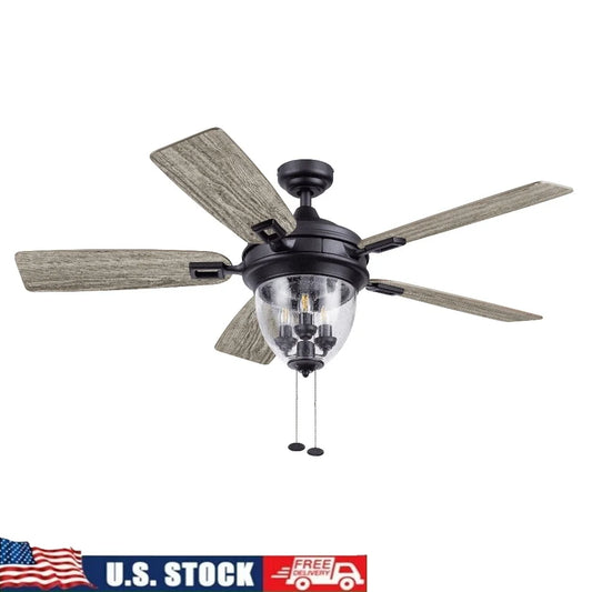 52 Inch Matte Black Ceiling Fan with Lights 5 Reversible Blades Pull Chain Control Dimmable Quiet Performance Indoor Outdoor Use
