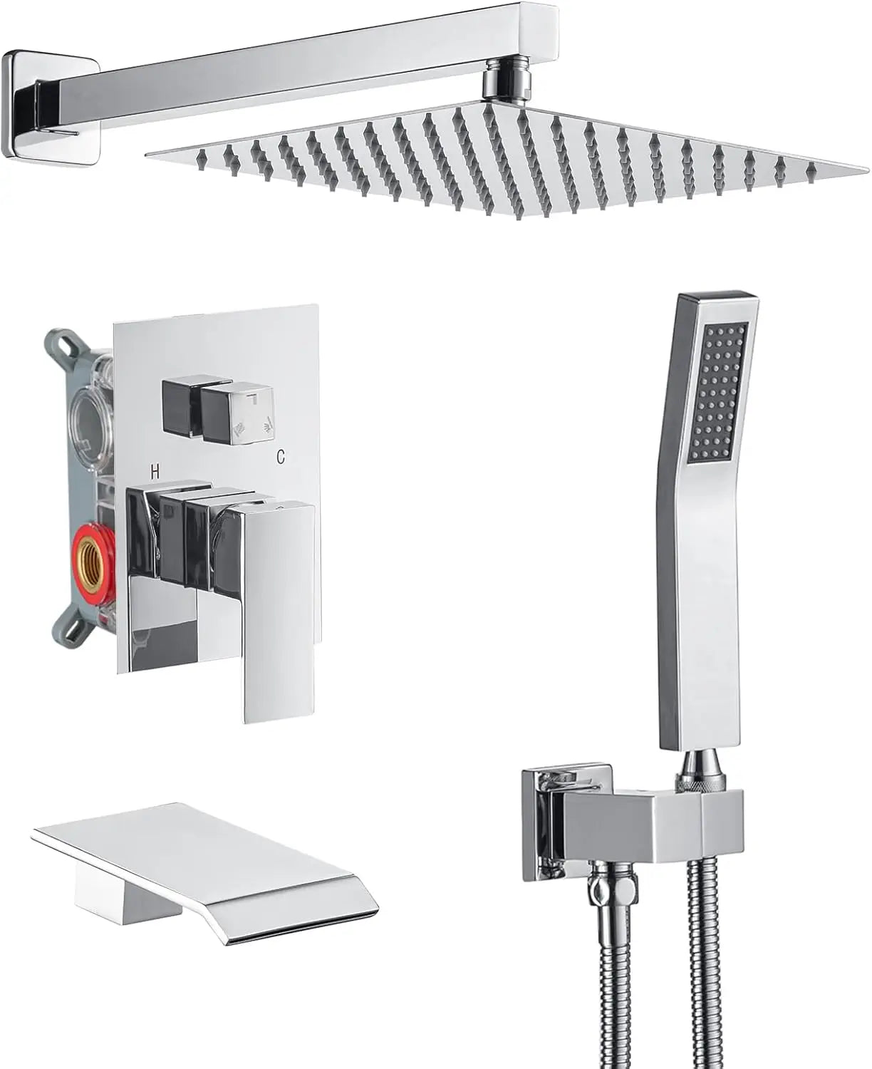 Black Concealed Shower System Rain Waterfall Bathroom Embedded Shower Faucet Set with Tub Spout