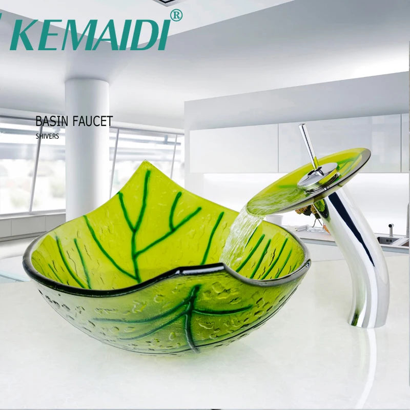 KEMAIDI Green Leaf Shape Bathroom Wash Basin Sink Faucet Combo Temper Glass Vessel Basin Sinks W/ Waterfall Mixer Drain Sets