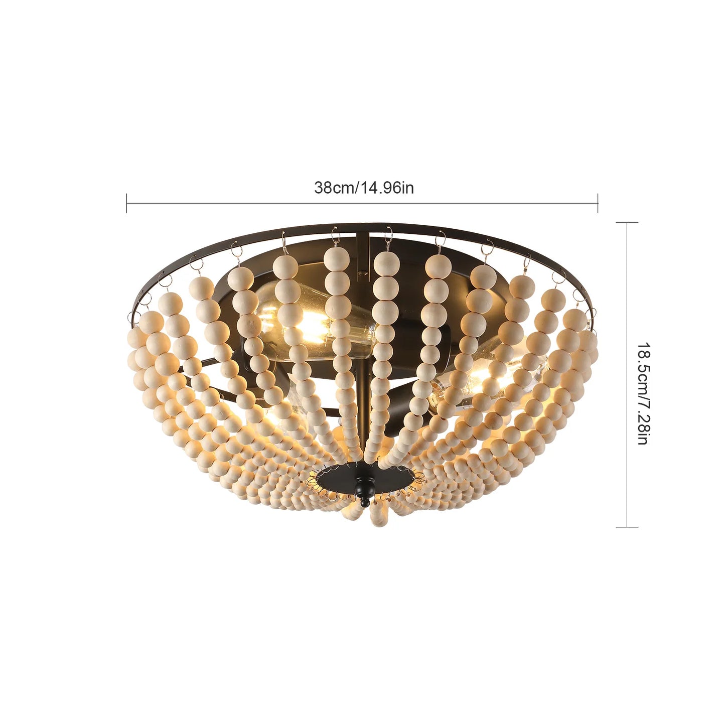 Boho Light Fixtures 3-Light Flush Mount Ceiling Light Wood Beads Ceiling Lights for Kitchen 15in Ceiling Mount Light