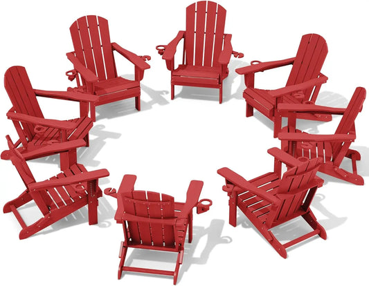 Adirondack Chair with Cup Holders - Composite Adirondack Chairs Set of 8 HDPE Outdoor Chairs All Weather Use- Light Red