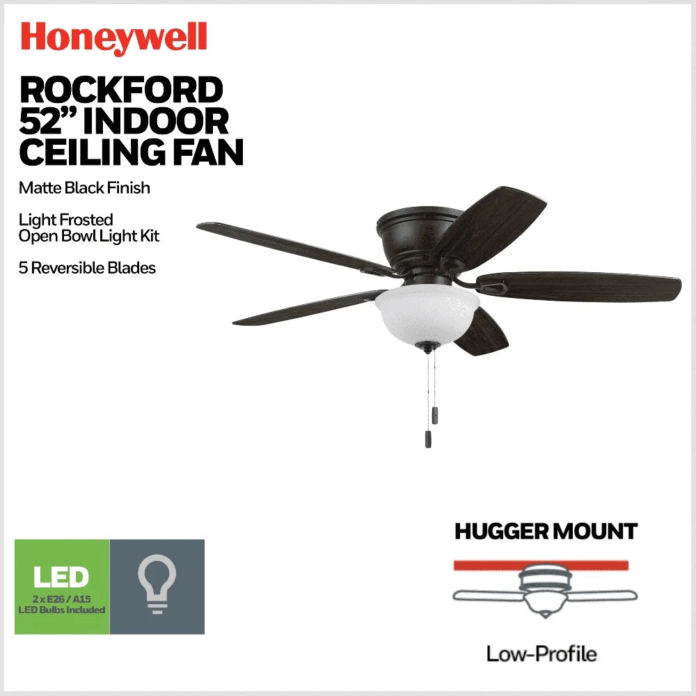 52 Inch Traditional Black Indoor Ceiling Fan with Light Kit Dimmable Pull Chains Reversible Motor Home Use