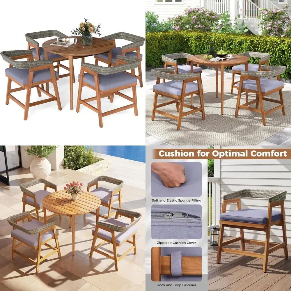 5 piece patio dining set for 4, outdoor solid wood round table with cushioned chairs, for deck, lawn, garden and poolside