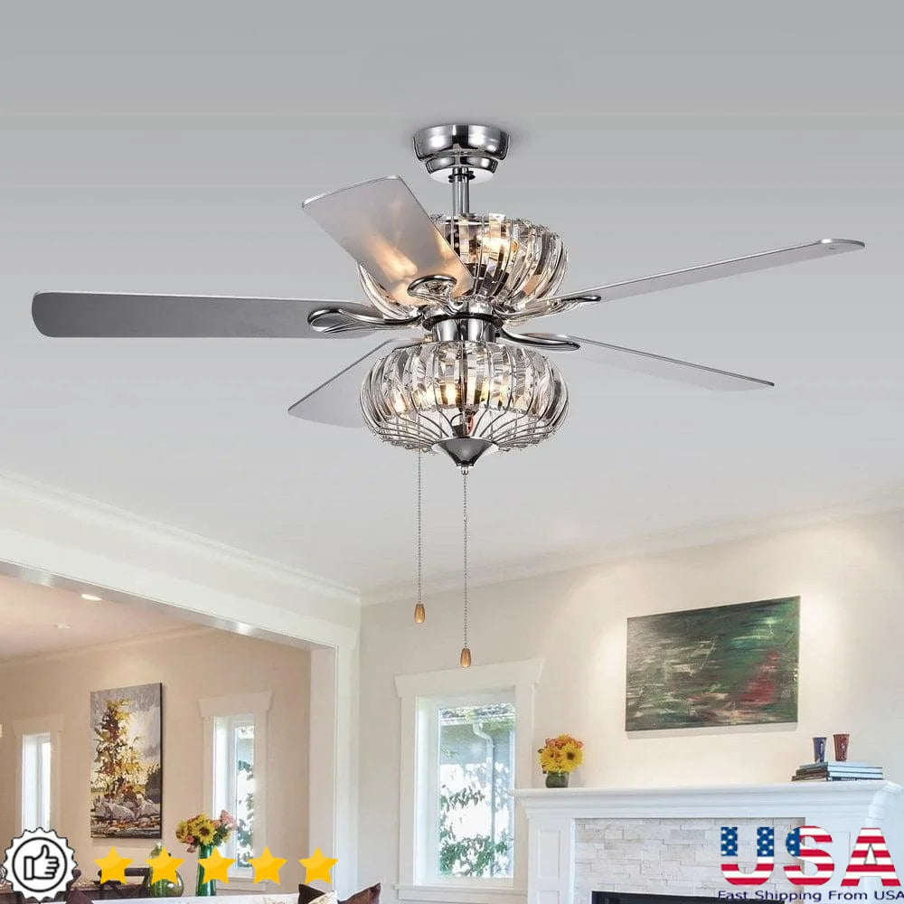 6-Light Crystal Ceiling Fan Remote Control 5-Blade Chrome Finish Elegance Reversible Blades 3-Speed Adjustable Lighting Home