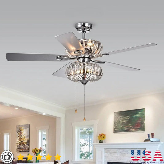 6-Light Crystal Ceiling Fan Remote Control 5-Blade Chrome Finish Elegance Reversible Blades 3-Speed Adjustable Lighting Home