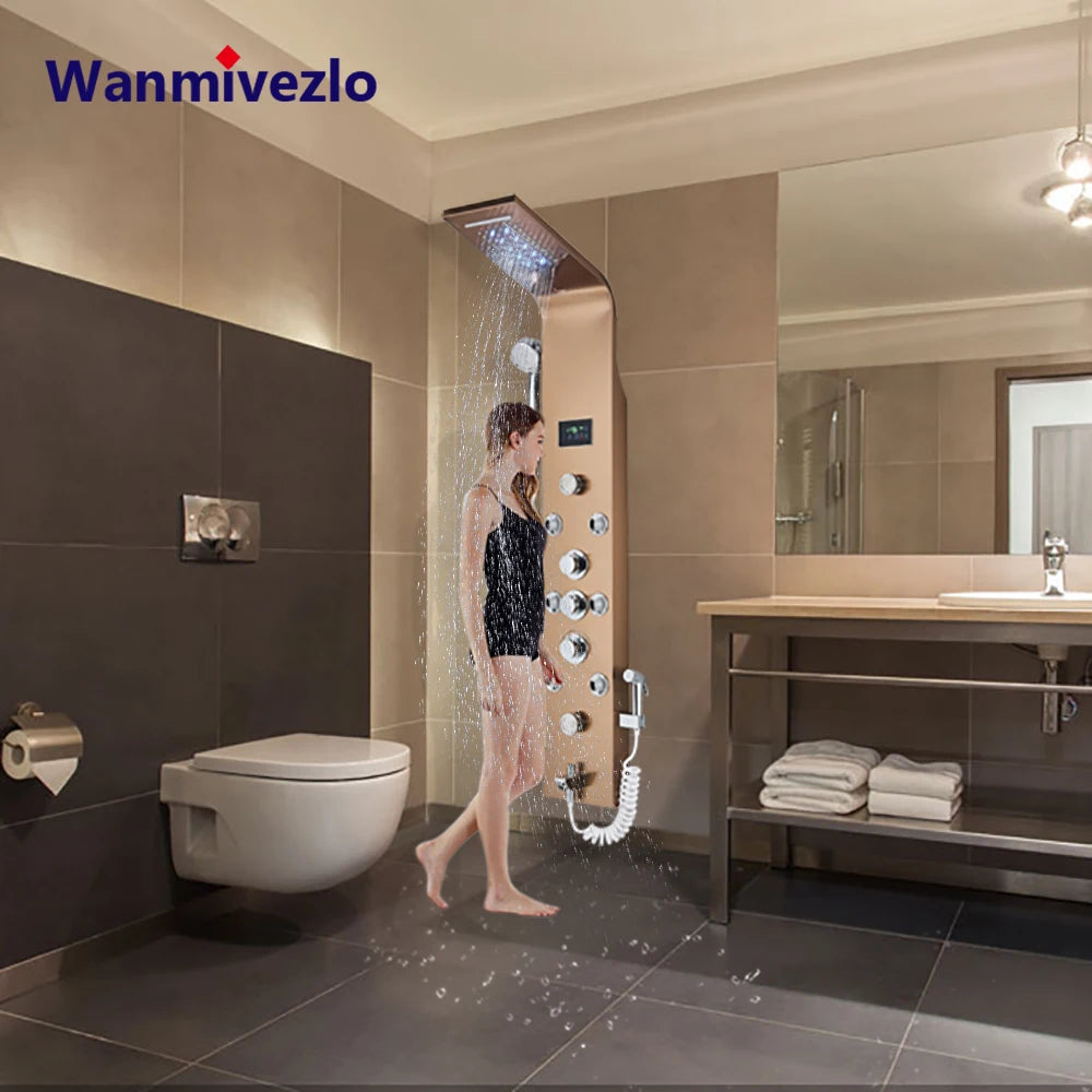 LED Shower Panel Six Functions Waterfall Shower Panel Bathroom Faucet Bathroom SPA Massage Jet Tub Mixer Massage Sprayer