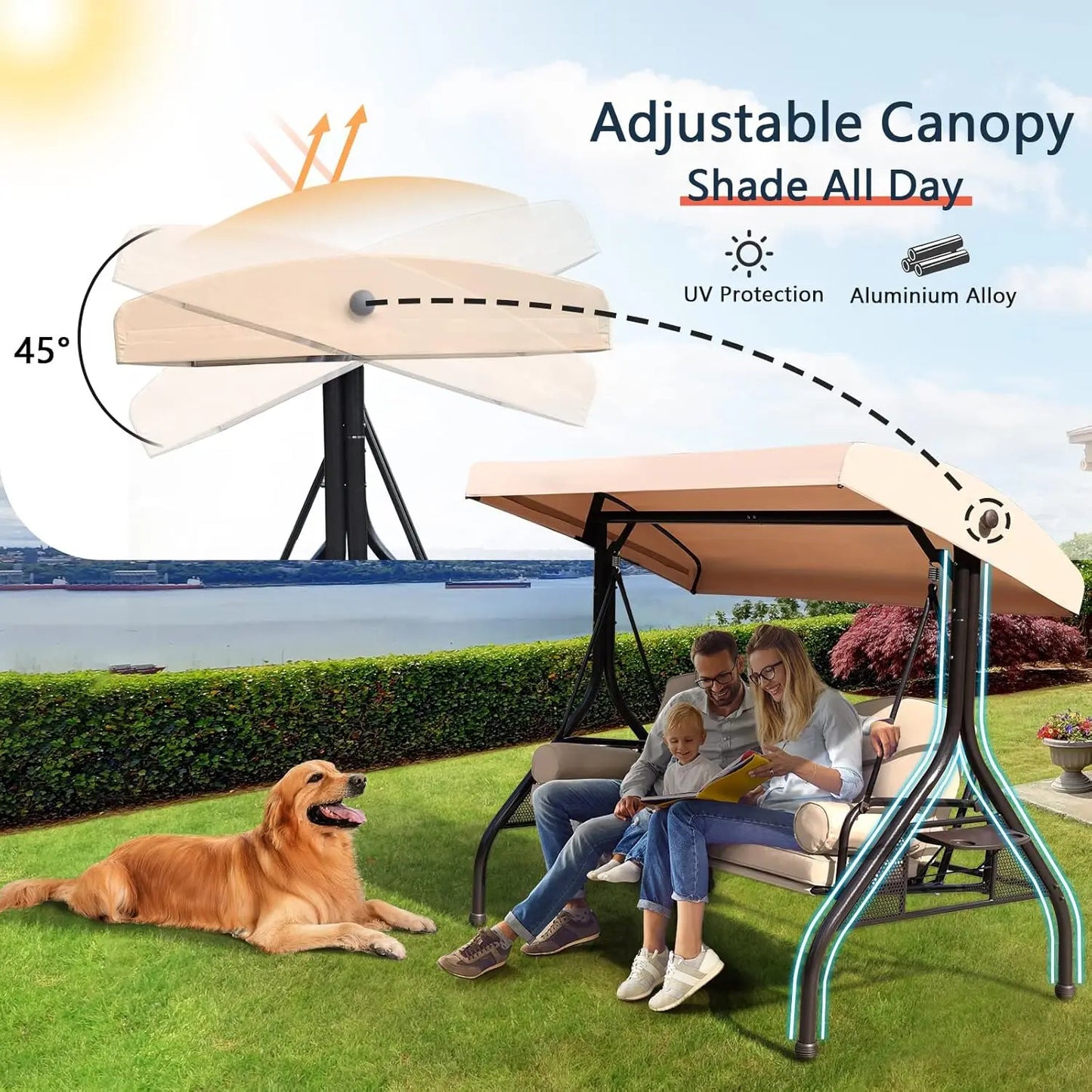 Patio Porch Swing, 3-Seat Outdoor Swing with Adjustable Canopy, Waterproof Fabric Cushion, Pillow and Foldable Side Tray for