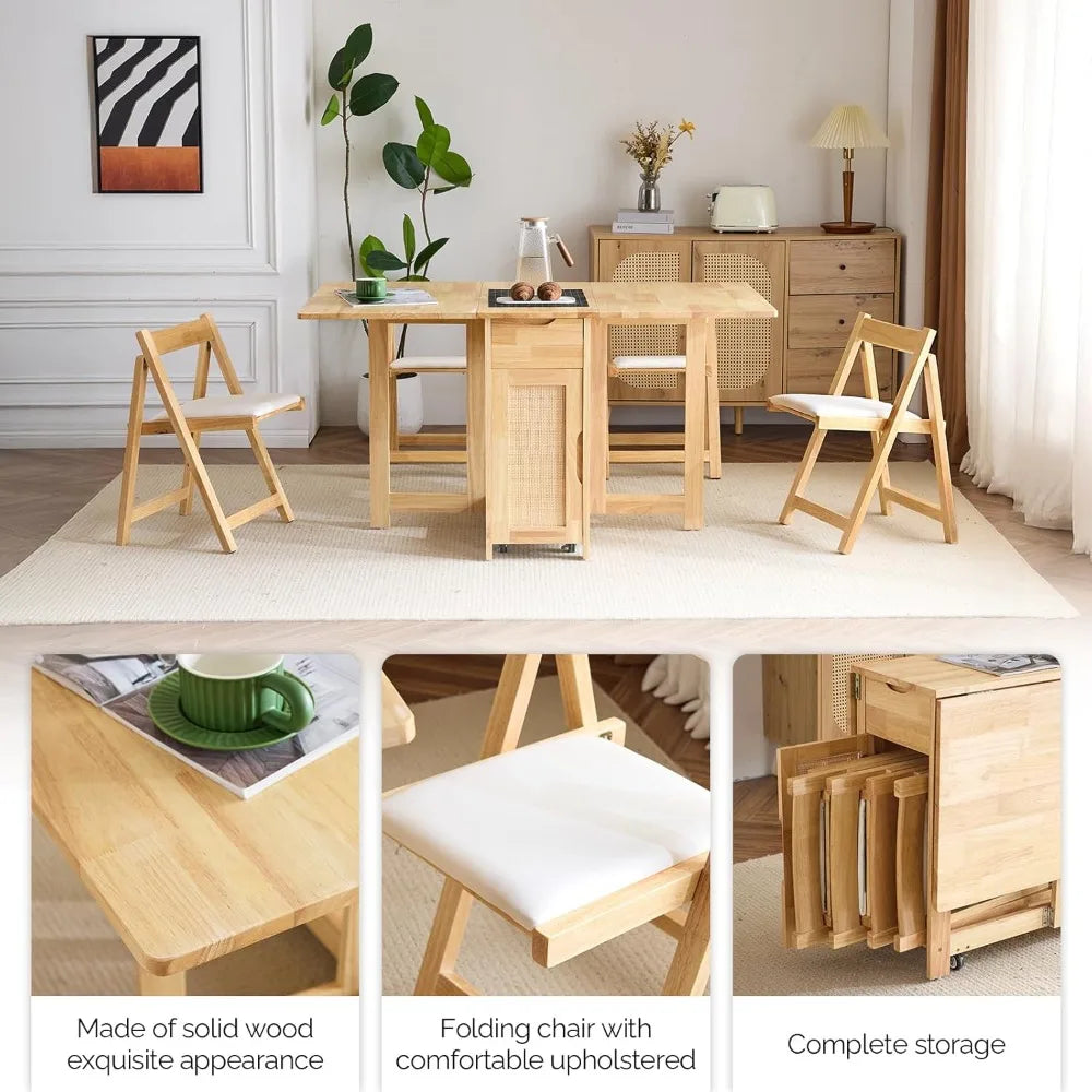 5-Piece Folding Dining Table Set, Extendable Drop Leaf Solid Wood Table with 4 Chairs, Drawers & Wheels, Space-Saving Design fo