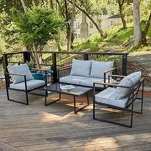 patio furniture set, 4-piece outdoor patio set with sofa, removable & washable deep seating cushion, tempered glass table, outs