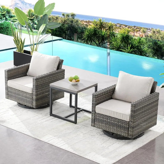 3-Piece Patio Swivel Chairs,PE Wicker Outdoor Rocking Chairs Bistro Set with Side Table Porch Balcony Furniture with Cushions