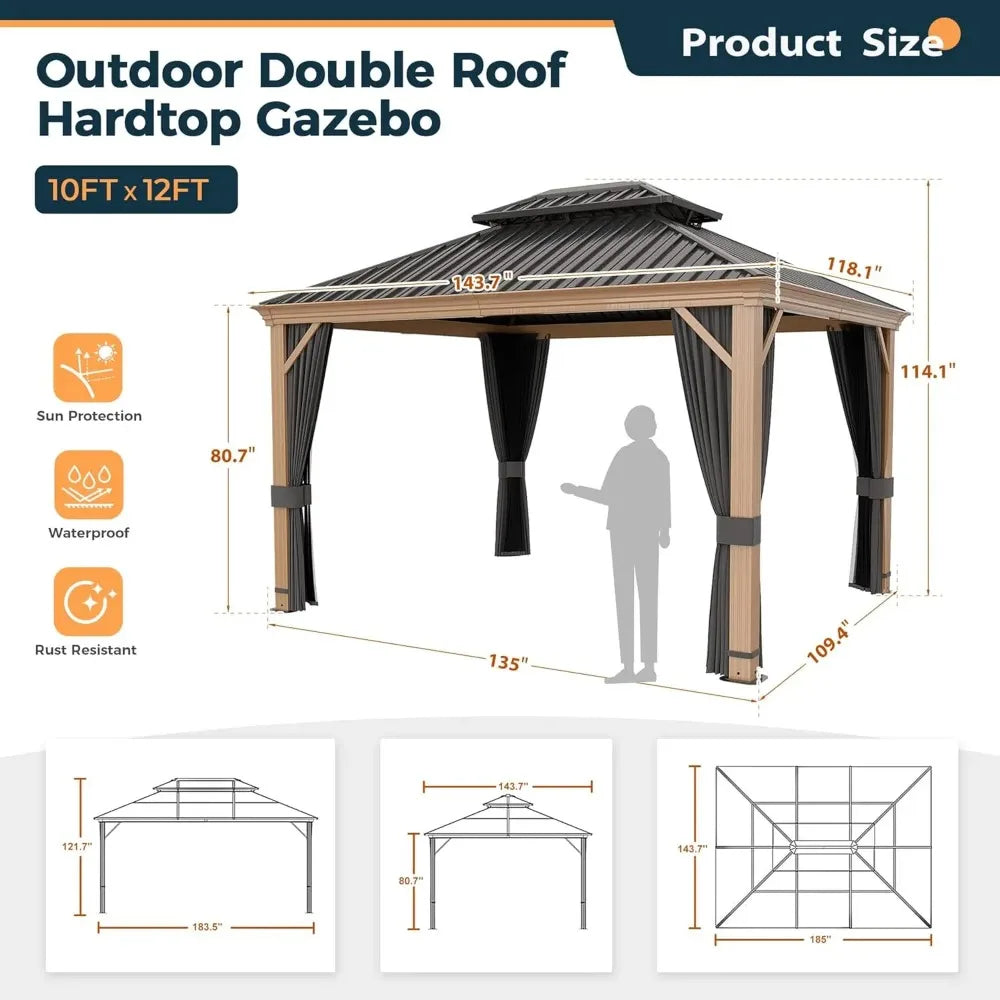 Hardtop Gazebo, Outdoor Wood Grain Frame Aluminum Metal Gazebo with Galvanized Steel Double Roof, Patio Canopy with Netting