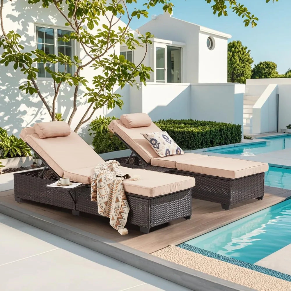 Outdoor Lounge Chairs, Pool Lounge Chairs Set of 2, Outdoor Chaise Lounge with Adjustable Backrest & Cup Holder,Khaki