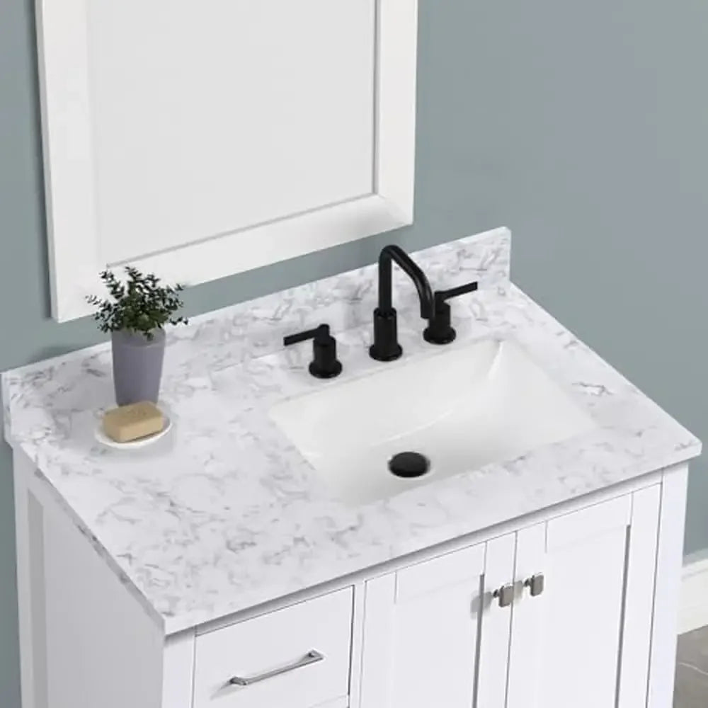 36x22 Inch Bathroom Vanity Top with Right Offset Sink Engineered Stone Countertop 8" Faucet Holes 4" Backsplash Ceramic Sink