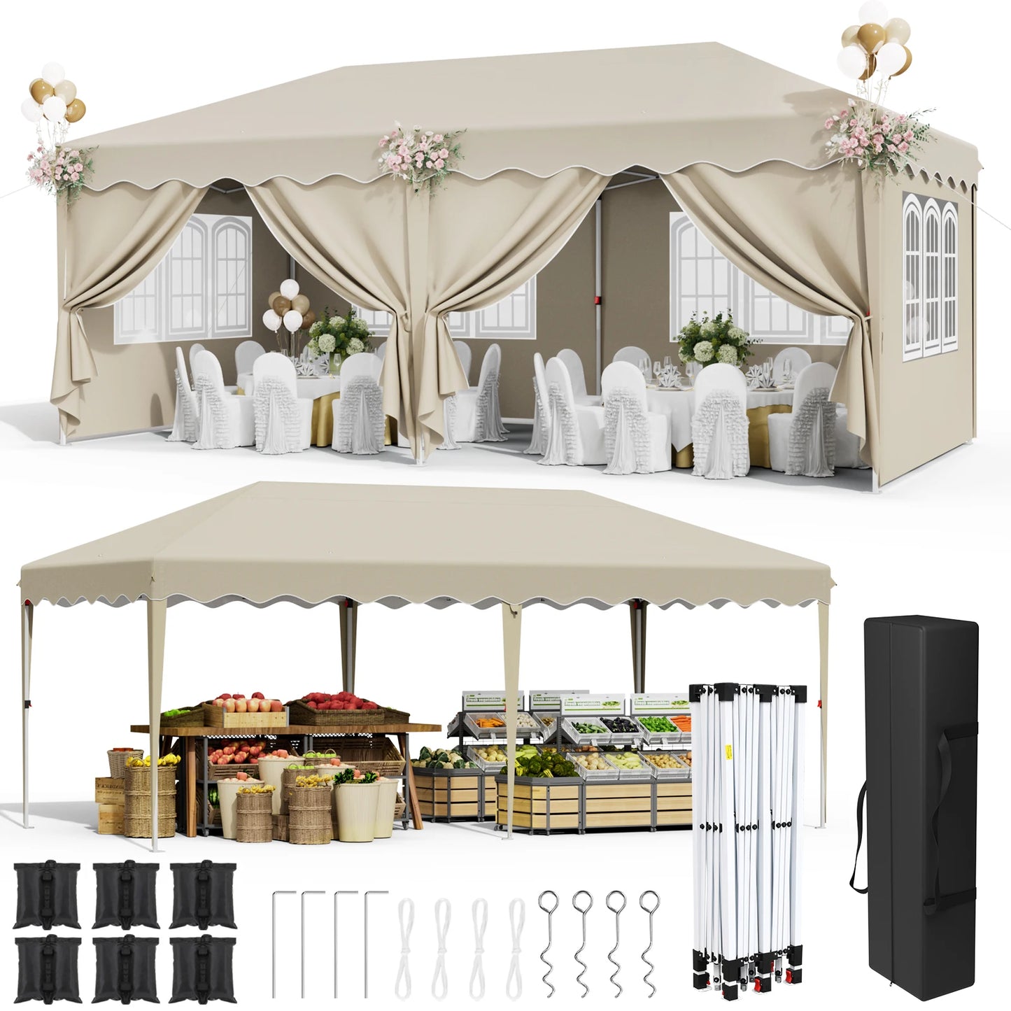 Canopy 3x6m Pop Up Pavilion Gazebo Tent with All Sidewalls, Waterproof Commercial Canopy Outdoor Instant Gazebo UV50+ Party Tent