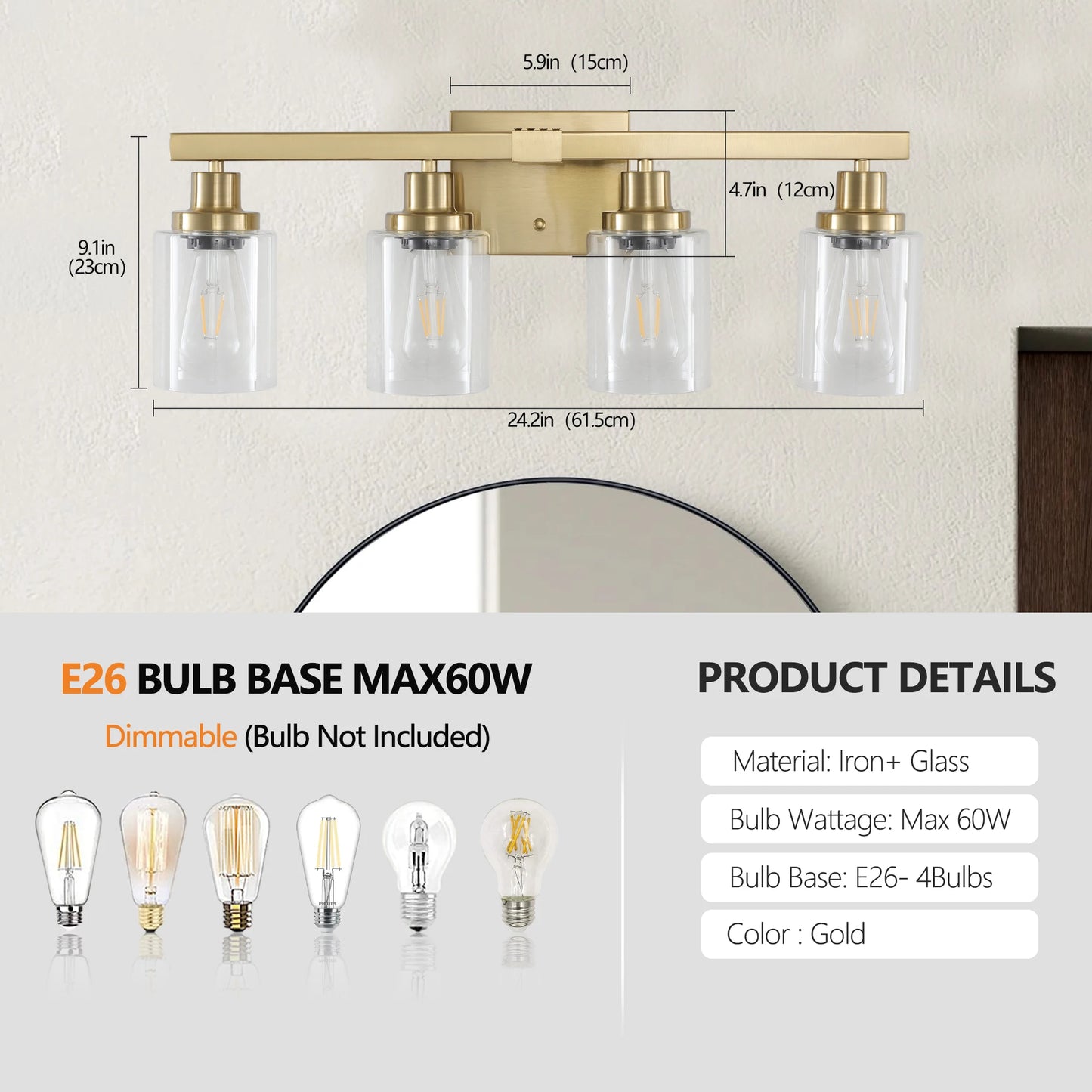 Golden 4-Light Vanity Light with Clear Glass Shades, Modern Iron Metal Bathroom Wall Fixture for Mirror Lamp (No Bulbs)